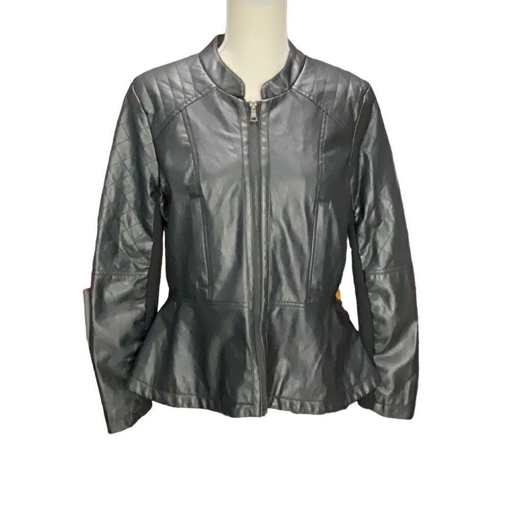 Therapy Black PU Faux Leather Poplin Full Zip Jacket Mandarin collar Size PM